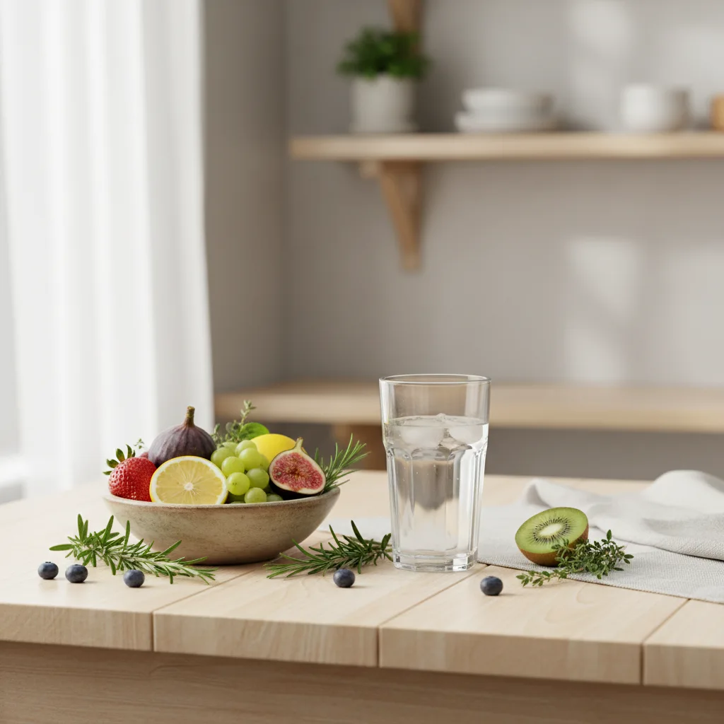 Wellness flat-lay: kosttilskudsflaske, vand, citron og urter på linned
